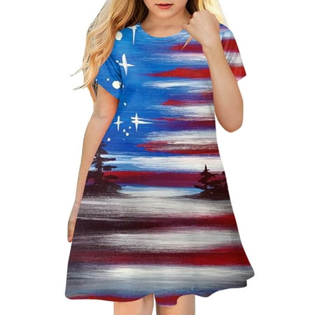 

HIBRO Toddler Kids Girl Fourth Of July Independent Day Star Stripes Prints Short Sleeves Party Costome Princess Dress Cotton Dresses Girls Size 10 Girls Bridesmaid Dress