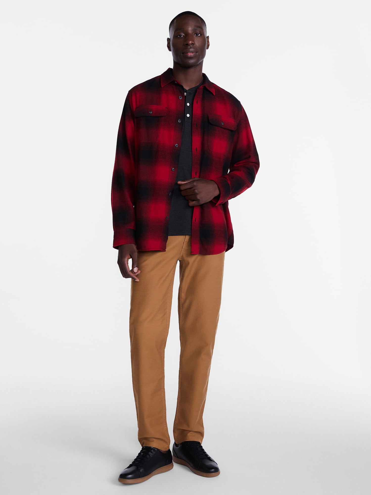 George Men's and Big Men's 100% Cotton Double Pocket Flannel Shirt, Sizes XS-3XLT