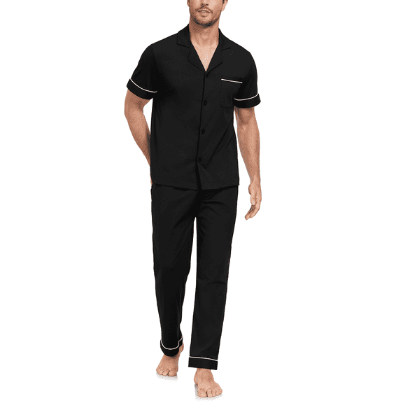 EA'S SECRET Mens 100% Cotton Pajamas Set Short Sleeve Long Pants Pjs Set Button Down Sleepwear with Pockets(Black,XL)