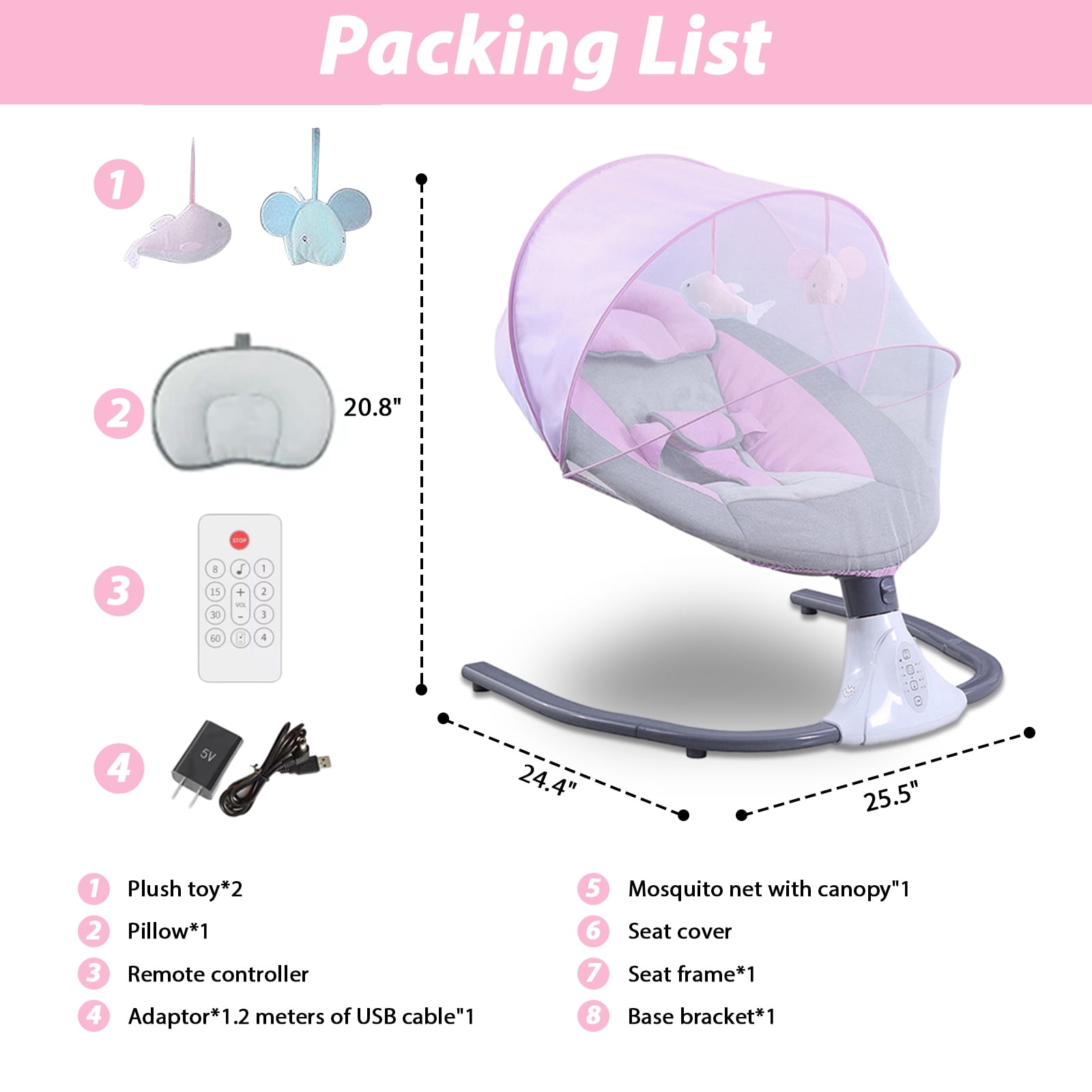 Beuway Electric Baby Swing for Infants - Bluetooth Music Speaker with 12 Lullabies,4 Speeds,4 Timers,Remote Control, Pink