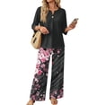 thumbnail image 2 of Two Piece Sets For Women,V Neck 3/4 Sleeve Button Shirts & Printed Wide Leg Long Pants Outfits,Fashion Travel Outfits For Women Holiday Wear, 2 of 6