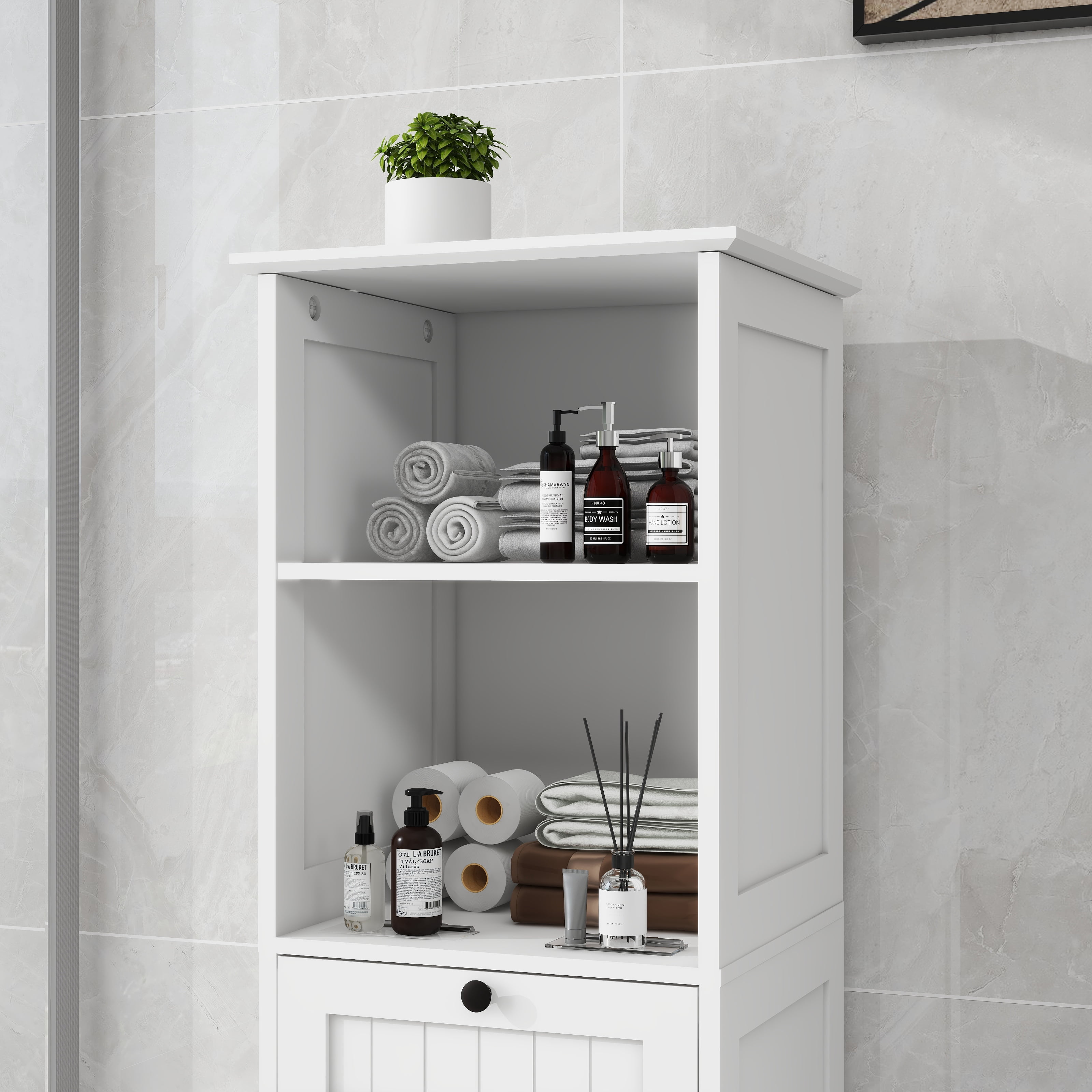 Mintazer Narrow Laundry Storage Cabinet with Open Shelves, Freestanding Slim Linen Tower with Drawer & Tilt-Out Laundry Hamper for Bathroom Laundry Room Balcony Hallway, White