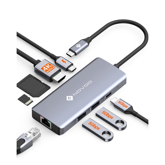NOVOO USB-C Hub 8-in-1 Multiport Adapter, 4K@60Hz HDMI, Gigabit Ethernet, 100W PD, USB-C & USB-A 5Gbps Data Ports, SD/TF Card Reader for MacBook, iPhone 15, Dell, HP, Lenovo