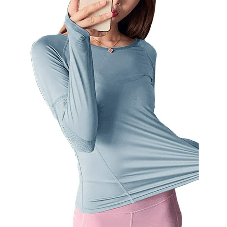 Long Sleeve Breathable Workout Tops for Women Activewear Quick-Drying  Stretchy Slim Fit Thumbhole T Shirt Athletic Running Sports Shirts Dry Fit  Mesh