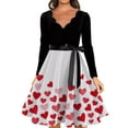 thumbnail image 3 of Valentine's Day Dresses for Women Long Sleev Vintage Love Heart Print V-Neck A-Line Cocktail Party Dress with Belt Light pink M, 3 of 4