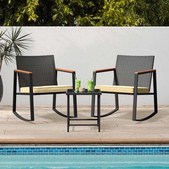 Outdoor Wicker Rocking Bistro Set 3 Piece, Rattan Chairs with Wooden Armrests & Coffee Table for Patio Yard Porch Balcony