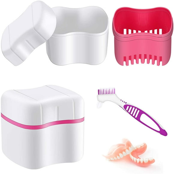 Denture Bath Case with Denture Cleaner Brush Denture Toothbrush, Denture Cup Denture Box Bath Denture Container
