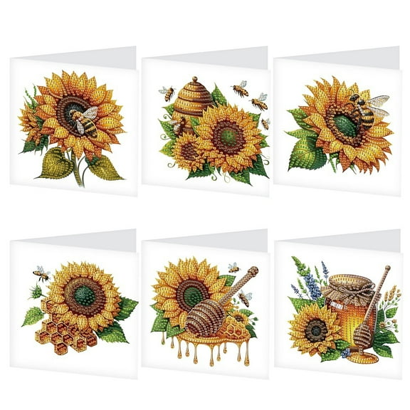 6pcs Diamond Painting Kit Greeting Card, Sunflower 5D DIY Diamond Handmade Holiday Greeting Card with Envelope, Christmas Gift Congratulation