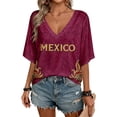 thumbnail image 2 of Mexico 2026 Soccer Cup Style V-Neck Tunic for Women, Short Sleeve Loose Fit Top with Gold Letter & Flame Graphic, Lightweight Breathable Jersey, 1 PC Wine L, 2 of 5