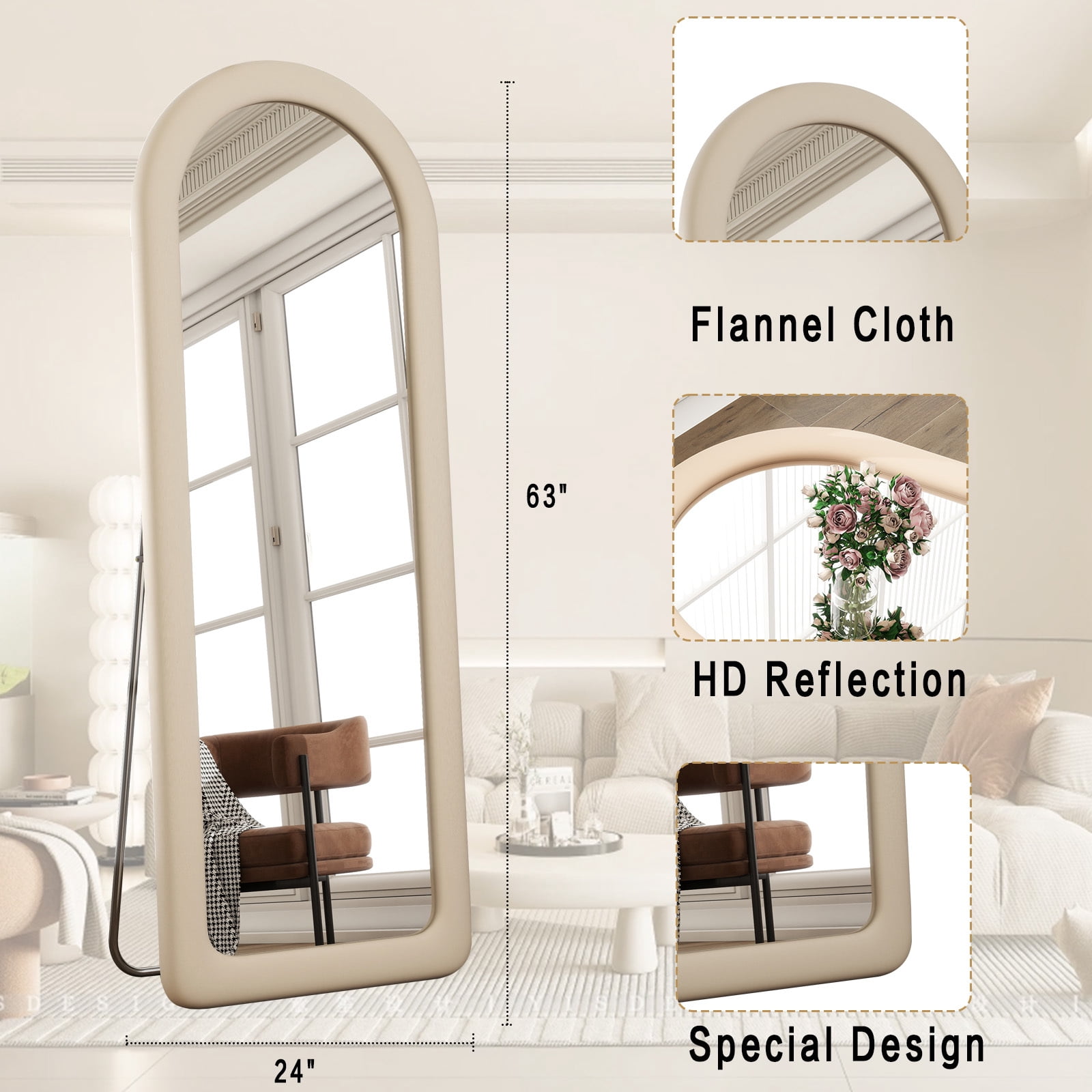 Gleamira 63"x24" Full Length Mirror Frame Arched Floor Mirror Flannel Wrapped Wooden Frame Hanging Leaning Mirror, White