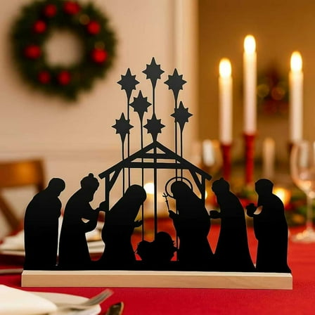 Metal Nativity Sets for 2025 Christmas Decorations Black Metal Nativity Scene with Wooden Base for Christmas Xmas Home Indoor Office Table Shelf Decor