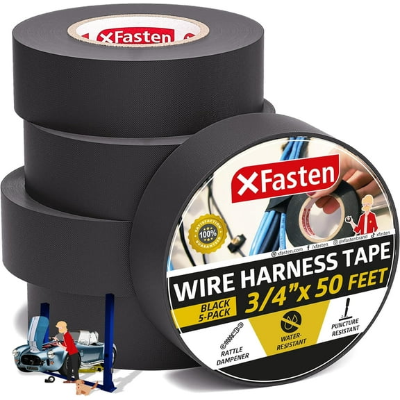 XFasten Wire Harness Tape, Black, 3/4" x 50 Ft, 5 Pack, Automotive Electrical Tape