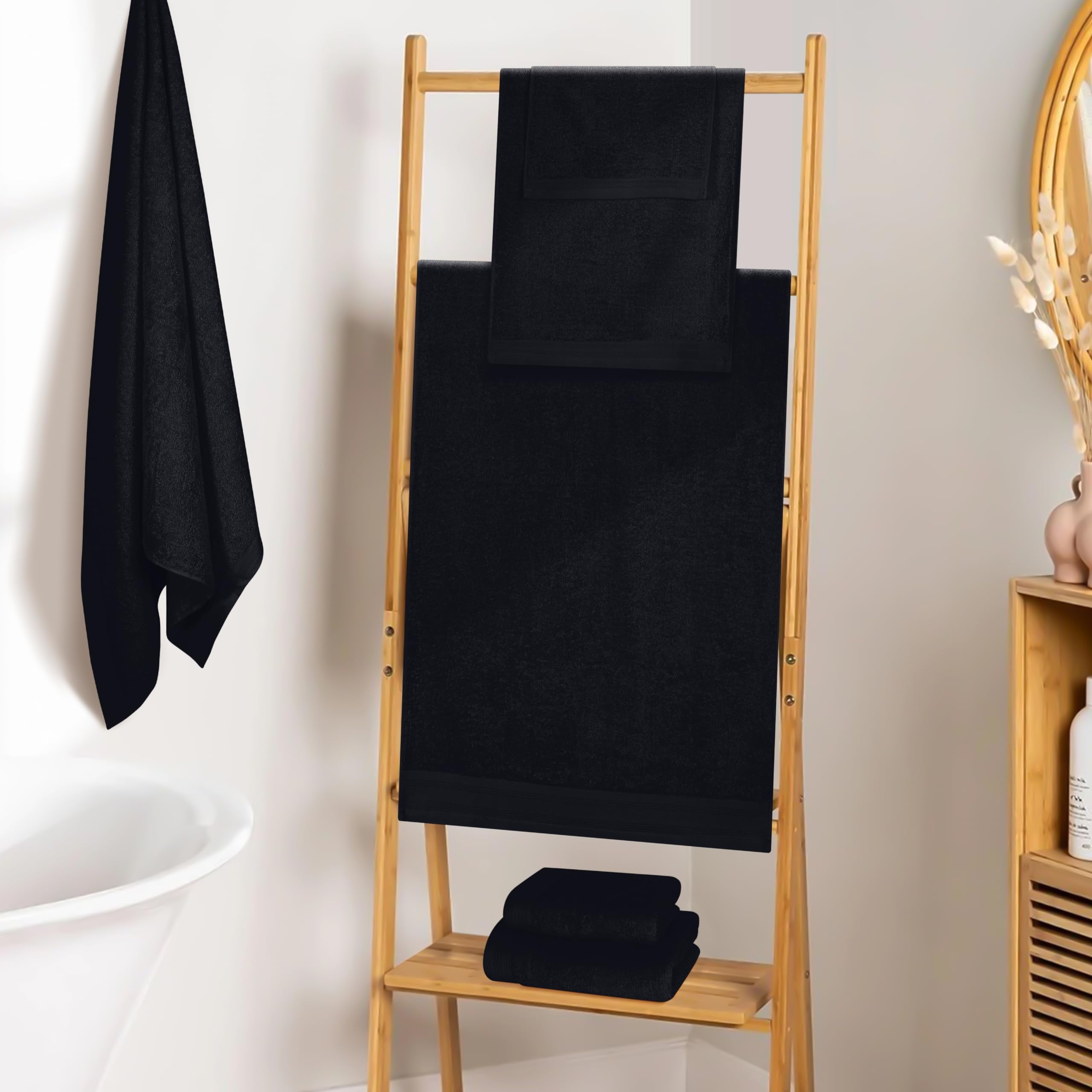BELIZZI HOME Ultra Soft 6 Pack Cotton Towel Sets, Contains 2 Bath Towels 28x55 inch, 2 Hand Towels 16x24 inch & 2 Wash Coths 12x12 inch, Compact & Lightweight - Black