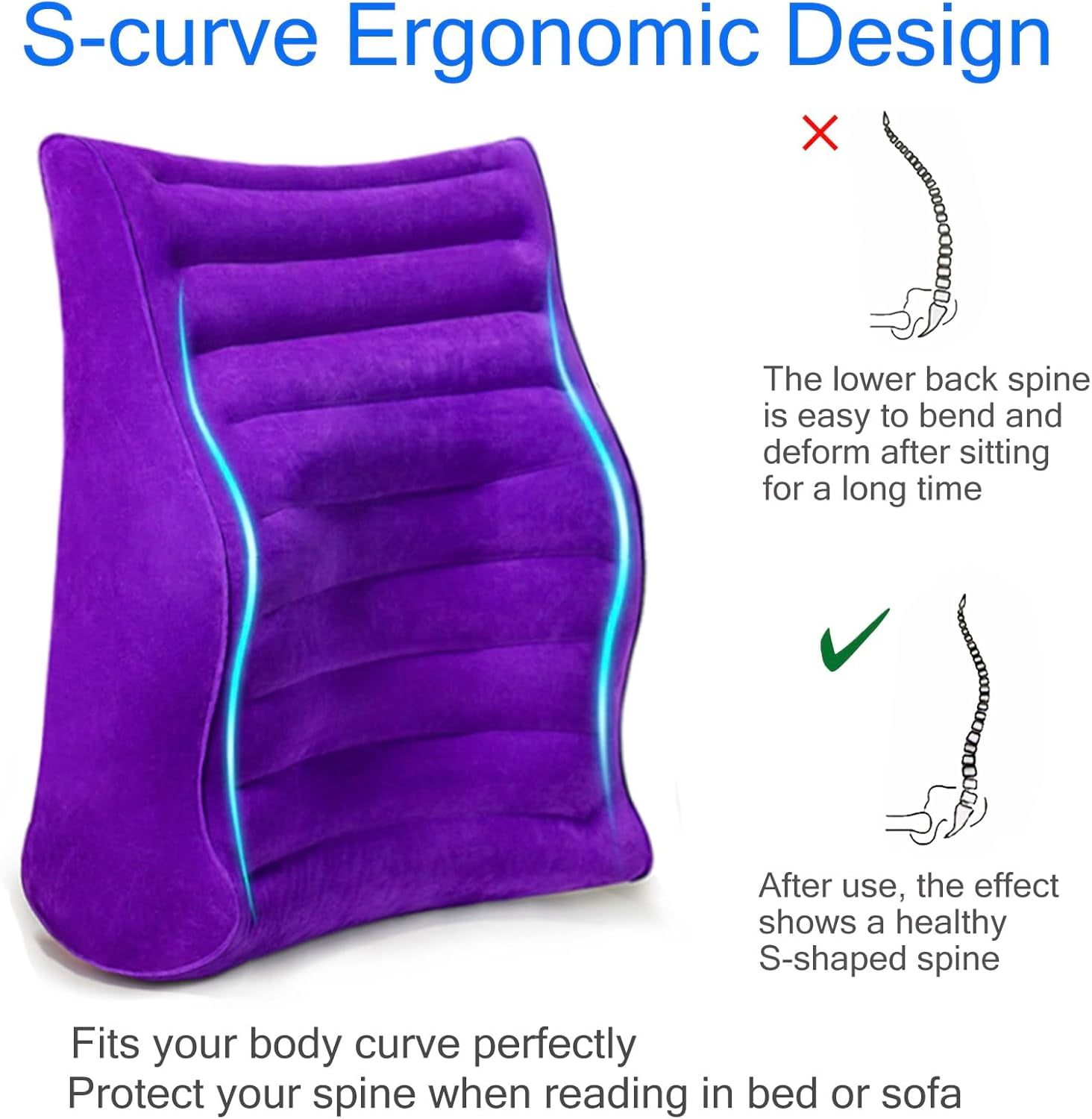 Bed Reading Pillow with S-Curve, Gaming Pillow for Working Crocheting, Ergonomic Bed Wedge Pillow for Sleeping, Inflatable Backrest Pillows for Sitting in Bed, Laptop Pillow for Lap, Couch, Sofa