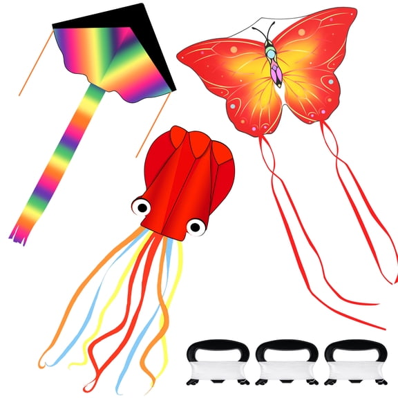 Crogift 3-Pack Large Kites Set - Delta, Devil Fish, Octopus Designs - For Kids & Adults Outdoor Fun