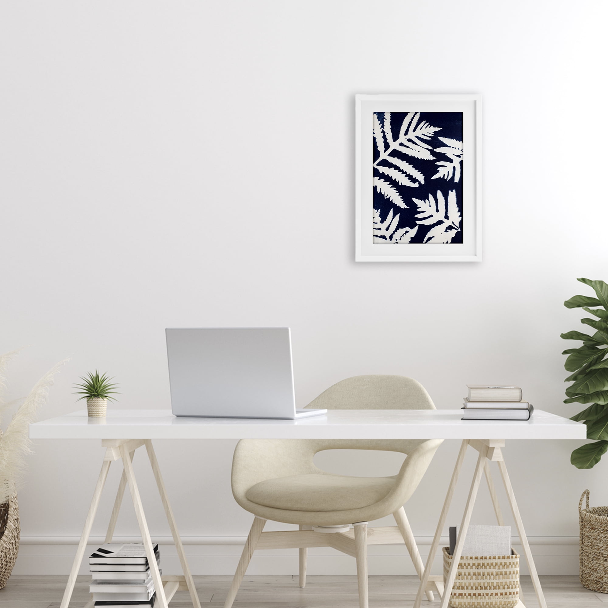 Stupell Industries White Ferns on Indigo White Framed Print Under Glass, design by Lynn Byrd