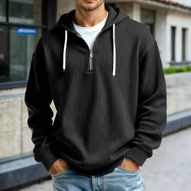 MHFRRA Sudadera con Capucha y Cremallera de Un Cuarto de Manga Larga con Bolsillo Frontal Tipo Cangurera para Uso Deportivo Informal Al Aire Libre, Tela Ligera y Cómoda Negro