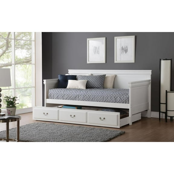Transitional Wooden Day Bed with Beveled Edges, White- Saltoro Sherpi