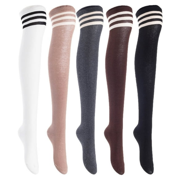 Lian LifeStyle Women's 5 Pairs Adorable Comfortable Soft Thigh High Over Knee High Cotton Socks Size 6-9 L1022(Black,Coffee,DG,Khaki,White)