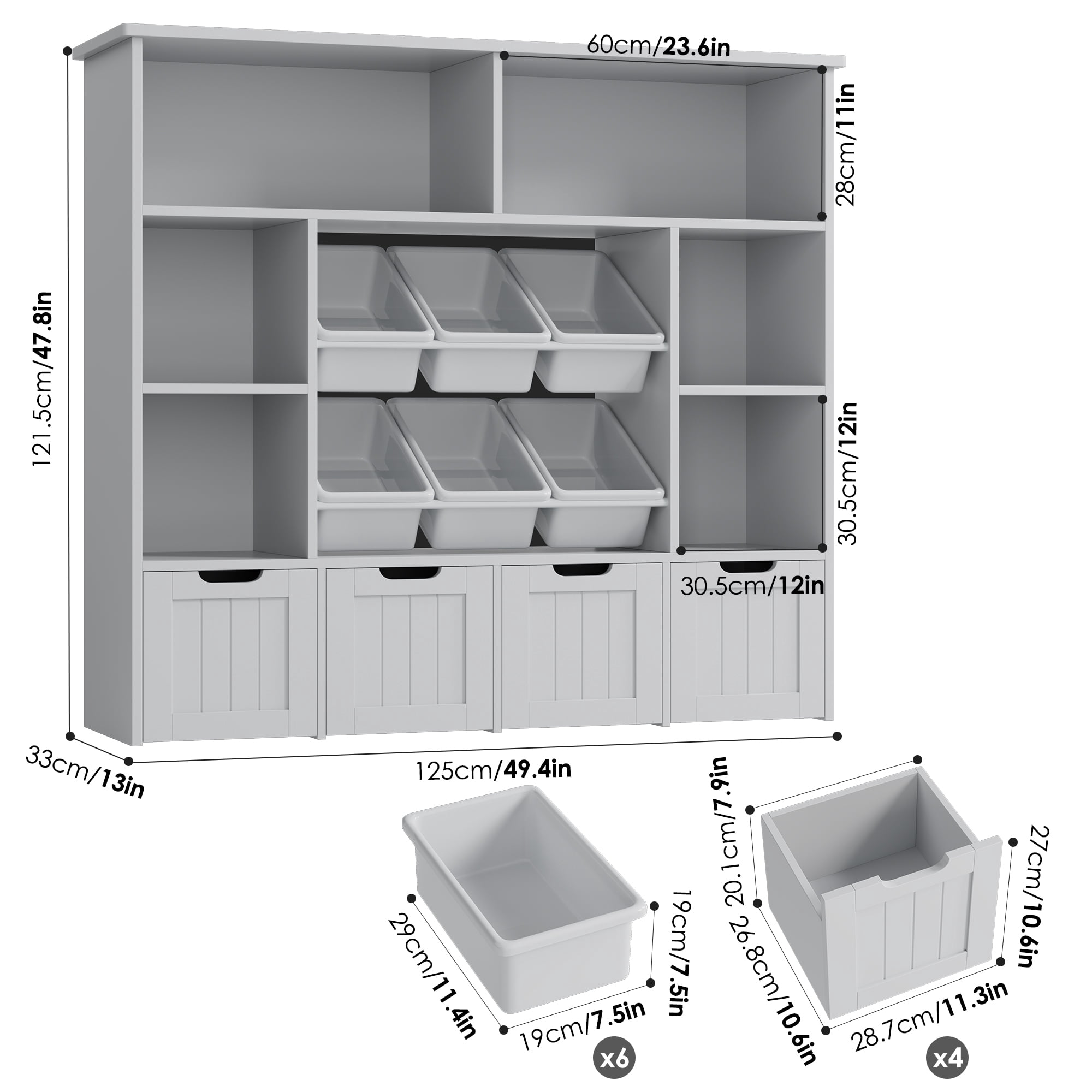 Hiphuta Large 4 Tier Kids Bookcase, Wood Toy Organizer of 6 Boxes & 4 Removable Drawers, Bookshelf for Kids Room Classroom, Grey