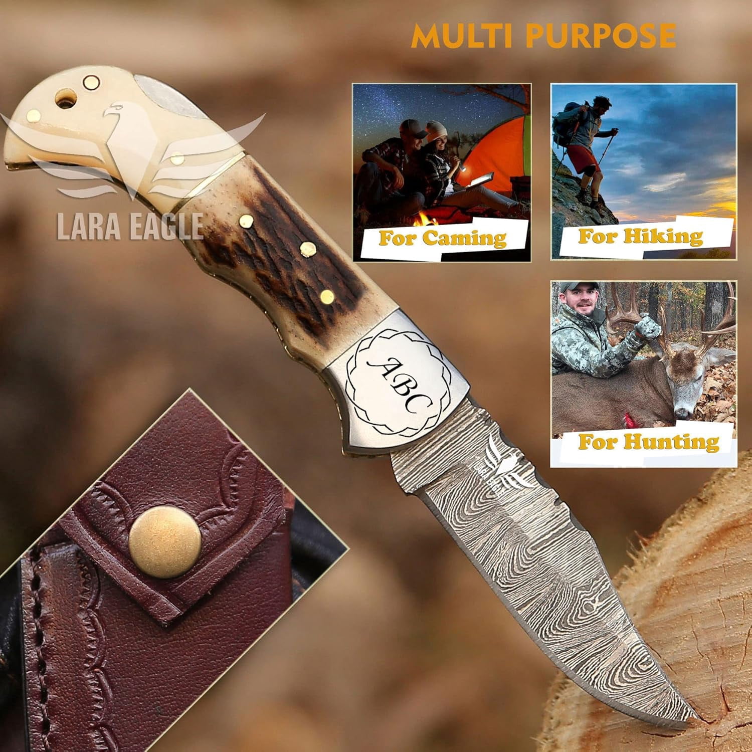 Personalised Damascus Pocket Knife for Men - 133 Layer Solid Steel Handmade Folding Hunting Knives with Sharpner and Leather Pouch - Best Knife for Camping Hunting Hiking