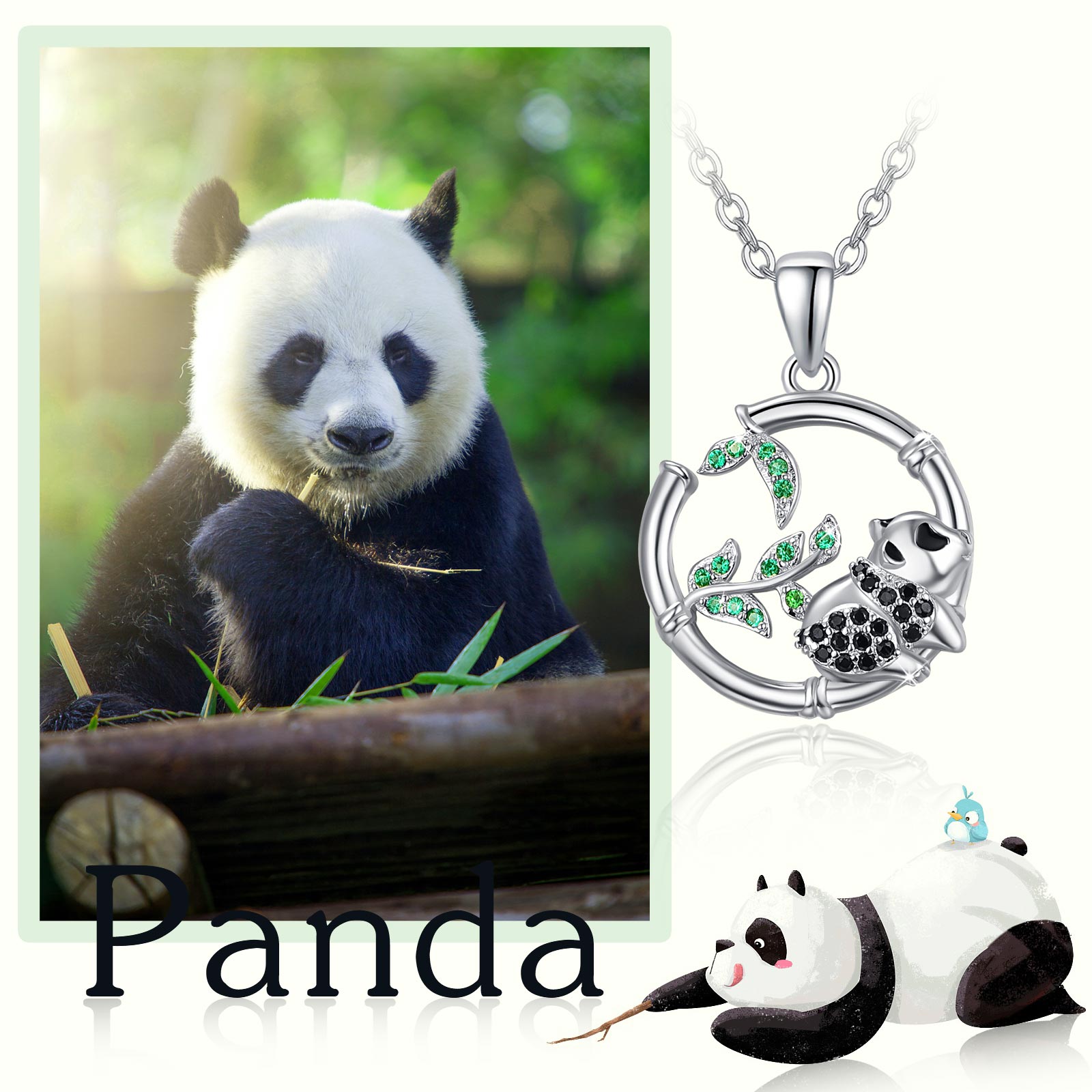 CUOKA MIRACLE Bamboo Green Leaf Pandas Necklace Cubic Zirconia 925 Sterling Silver Necklace Jewelry Birthday Mother's Day Gift for Women Girlfriend Daughter Wife Mom Friend