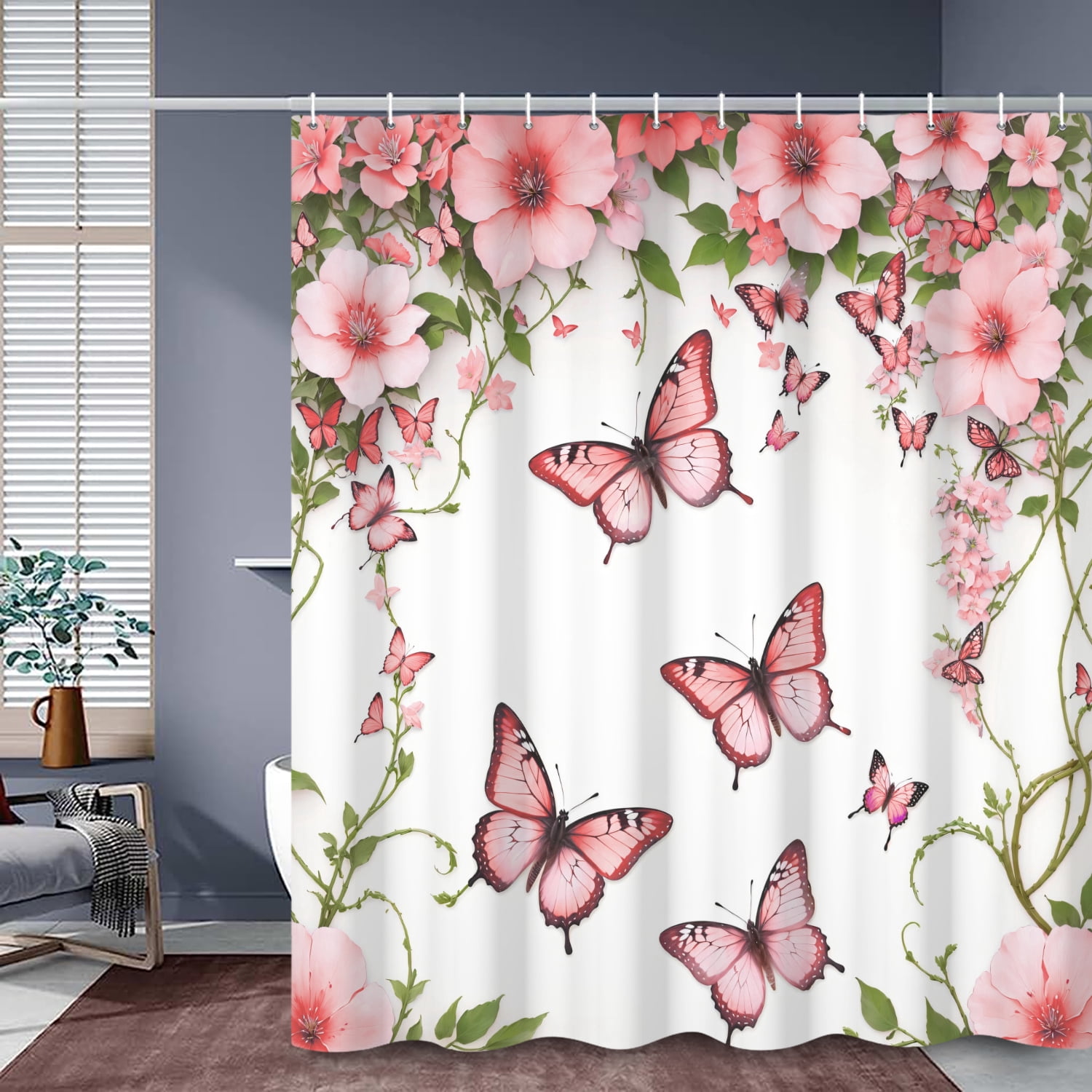 SUNOLIFE Pink Butterfly Shower Curtain，Spring Floral Fabric Bathroom Curtain with Hooks,60x72 in