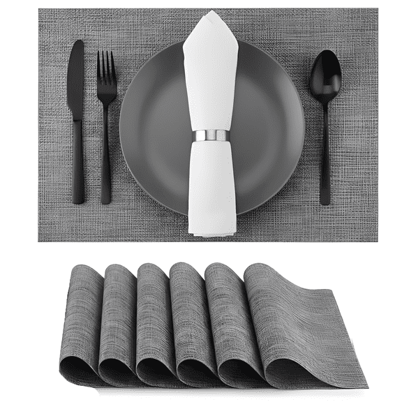 6-Pack Light Grey Leather Placemats (11.8"x17") - Waterproof Heat-Resistant Anti-Slip PU Table Mats for Western Restaurant & Home Dining