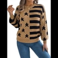 thumbnail image 2 of Suéter de Rayas con Hombros Caídos para Mujer, Suéter de Punto de Cuello Redondo Extragrande, Top Tipo Jersey. Caqui L, 2 of 10