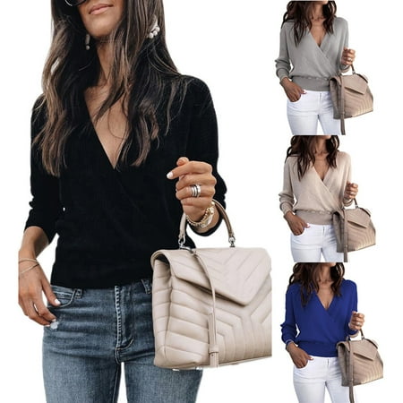 Stretch Knit Wrap Top - Women's Knitted Deep V-Neck Long Sleeve Wrap Front Loose Sweater Pullover Jumper Tops
