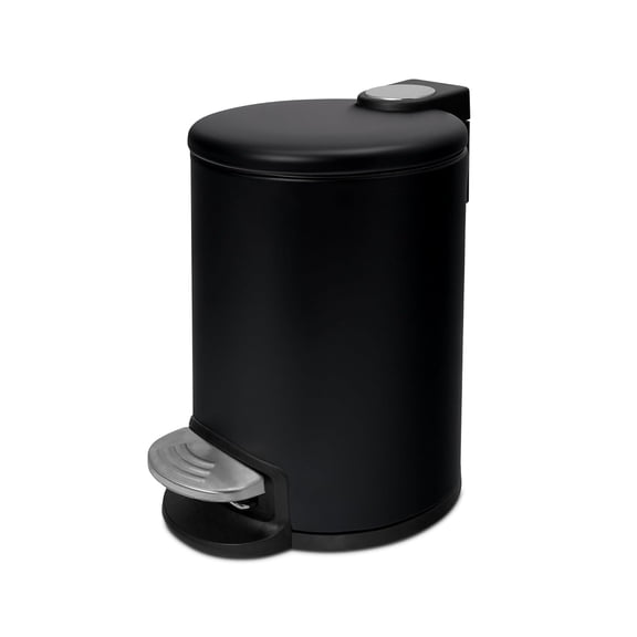 ACENTO 0.65 Gal Round Bathroom Trash Can with Lid – Soft Close Step Pedal Waste Bin & Removable Inner Liner – Stainless Steel Garbage Can for Bathroom, Bedroom, Dorm, Office – Matte Black