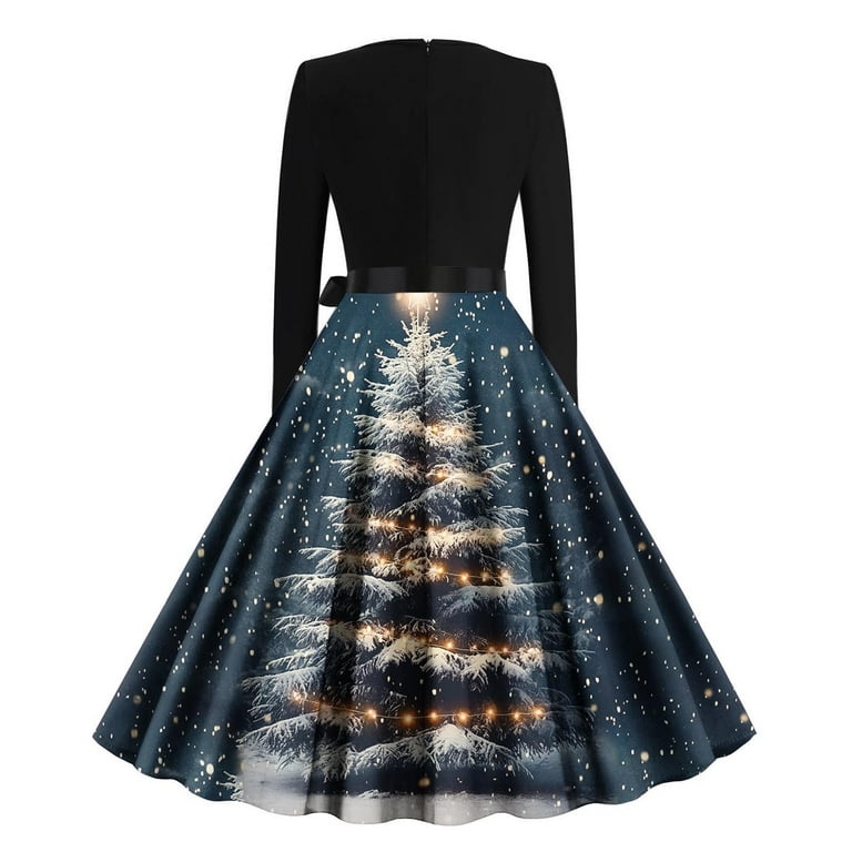 Lorytime Womens A Line Dress Formal Christmas Tree Crew Neck Elegant Dresses Long Sleeve Party Dresses with Belt, Women's, Size: 2XL, Blue