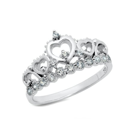 - Sz 7 Sterling Silver Cubic Zirconia Princess Heart Crown Tiara CZ Band Ring