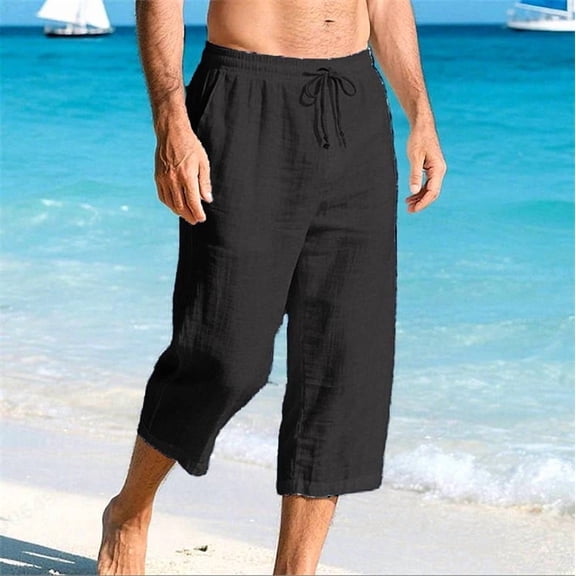 Kakii Men's Long Linen Shorts Below Knee Pocketed 3/4 Summer Drawstring Capri Pant