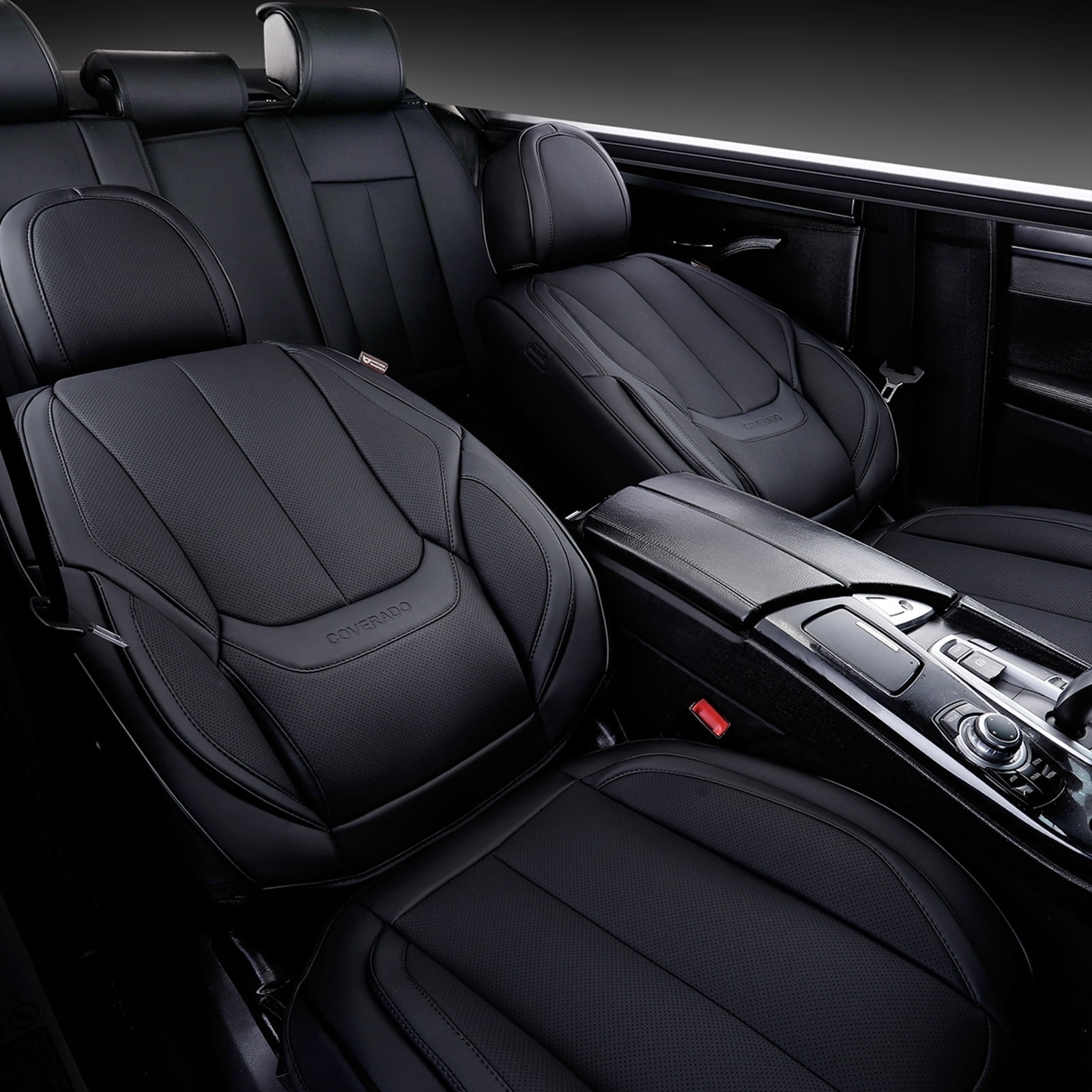 Coverado Black Car Seat Covers Full Set, Waterproof Premium Leather Front and Back Seat Protectors, Luxury Auto Interior Accessories, Universal Fit Most Cars Sedan SUVs Pick-up Trucks