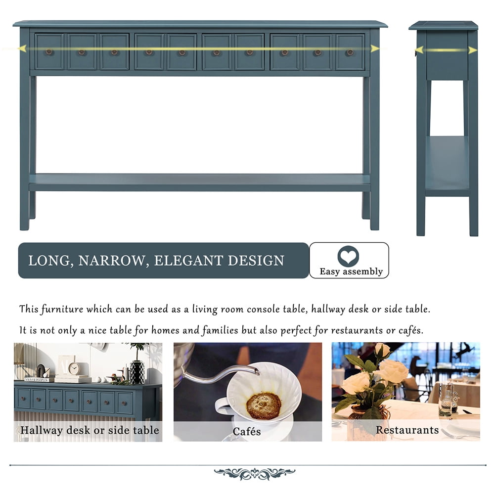 Resenkos 60" Mid-Century Modern Console Table with Two Different Size Drawers, Navy Blue Resenkos 60" Mid-Century Modern Console Table with Two Different Size Drawers, Navy Blue