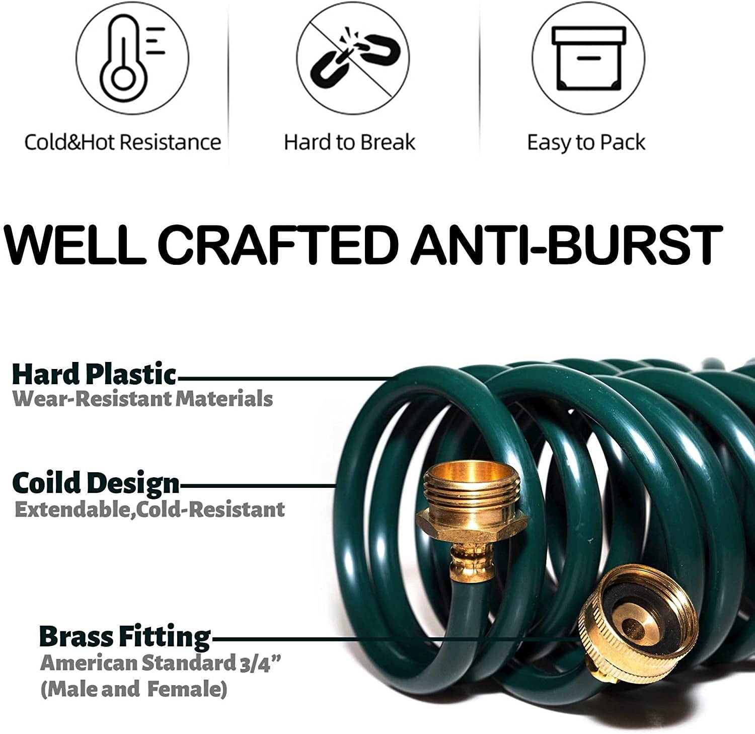 FUNJEE Heavy-Duty EVA Coil Hose Recoil Garden Water Hose with 3/4" GHT Brass Fittings, Corrosion Resistant, Retractable Garden Hose, Boat Hose (Hose, 25FT)