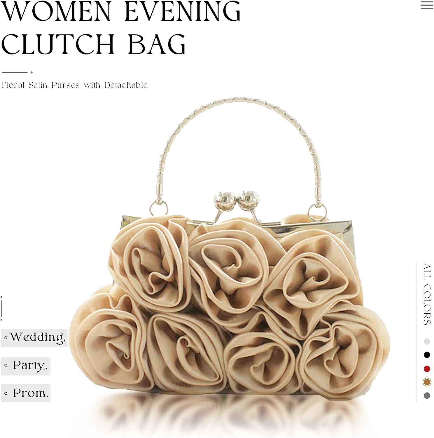 Women Evening Clutch Bag Floral Satin Small Purses with Detachable Strap for Wedding, Party, Prom