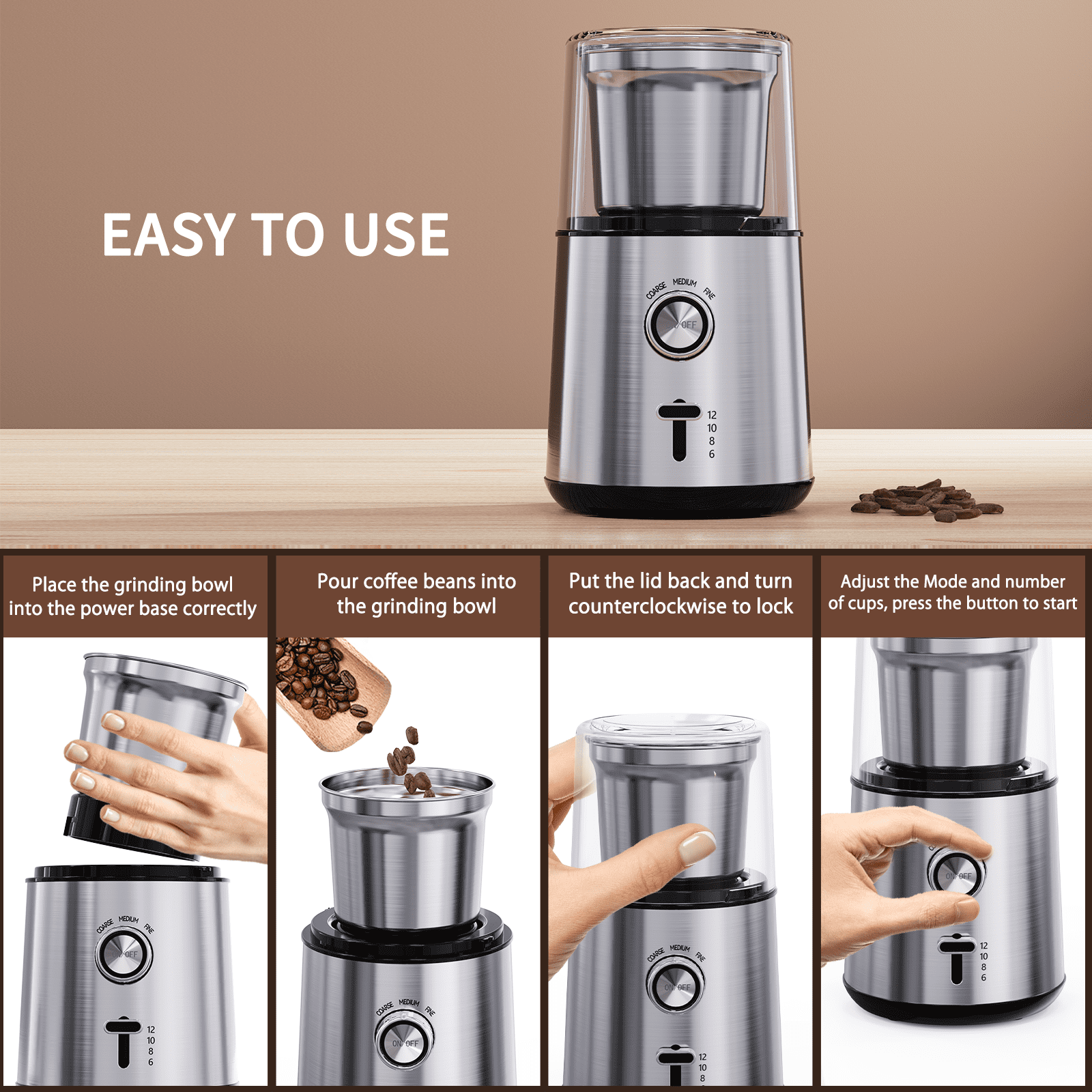 Electric Coffee Grinder, 300W Detachable Coffee and Spice Grinder with  Removable Bowl, 3 Adjustable Modes, 100g/16Cups