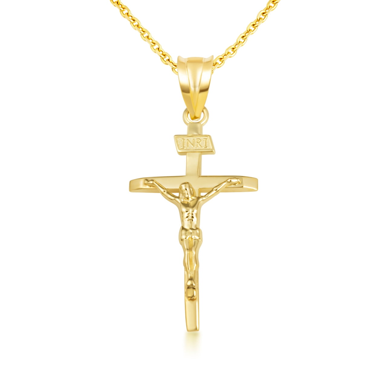 10k Yellow Gold Cross Necklace - Catholic Crucifix Pendant SMALL (16 Inches)