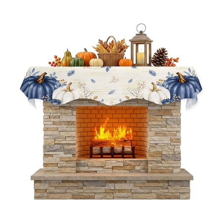 Thanksgiving Fall Fireplace Mantel Scarf 90 x 17 Inch Rustic Blue White Pumpkin Leaf Script Letter Mantel Scarves for Fireplace Decoration for Thanksgiving Party Supplies