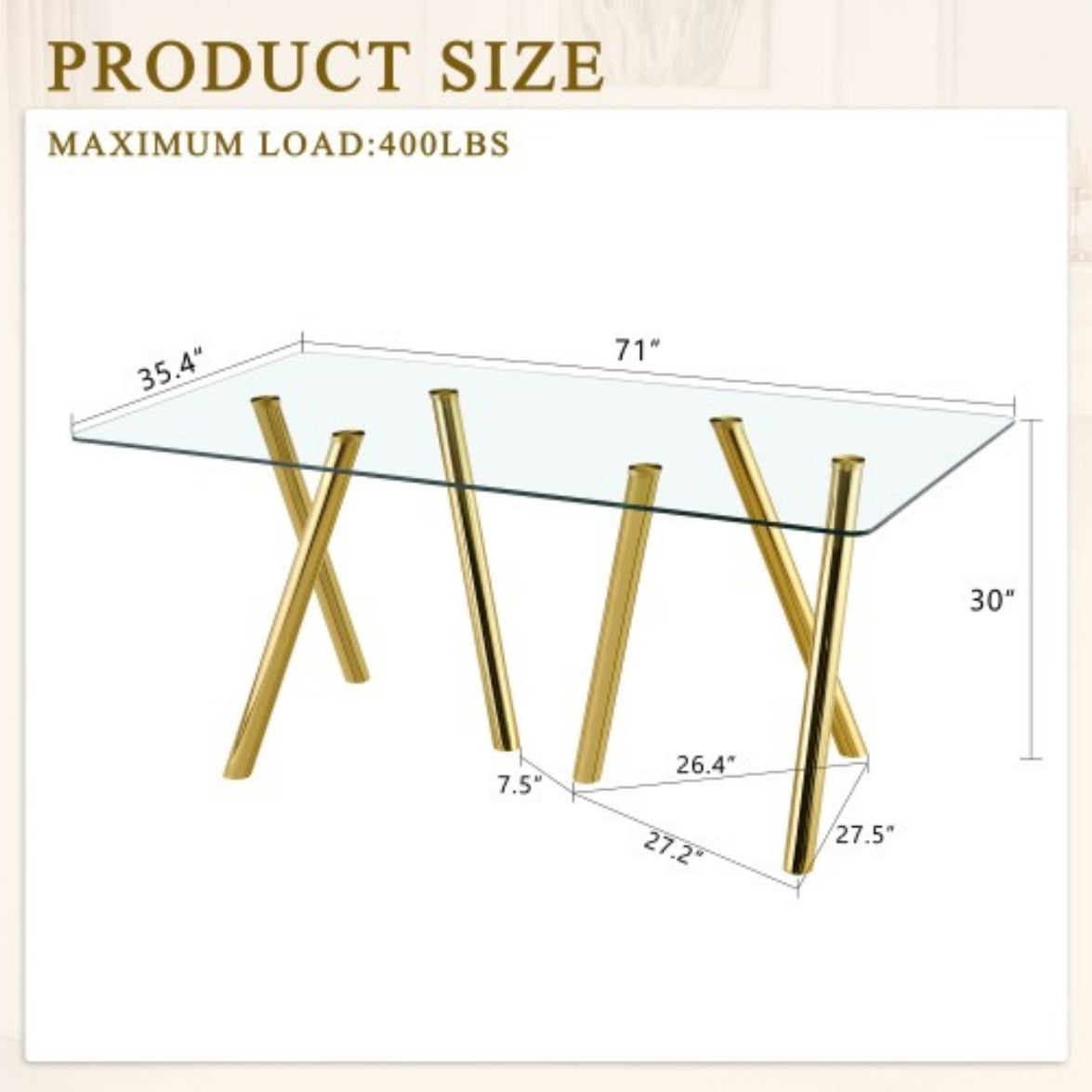71" Tempered Glass Dining Table, Modern Large Kitchen Table with Sturdy Metal Legs, Round Edge Dining Room Table for Home & Family, Gold