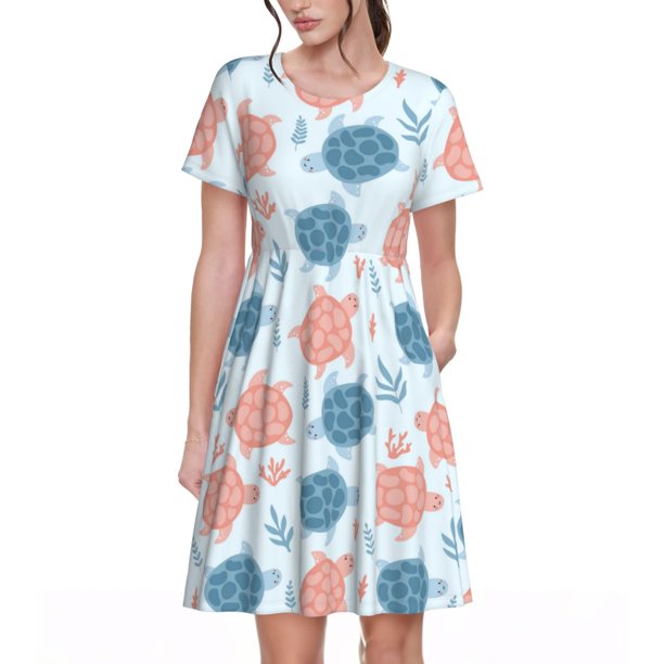 Balery Sea Turtle Vestidos sueltos de manga corta para mujer, vestidos de verano 2025, vestidos casuales de corte A con vuelo.