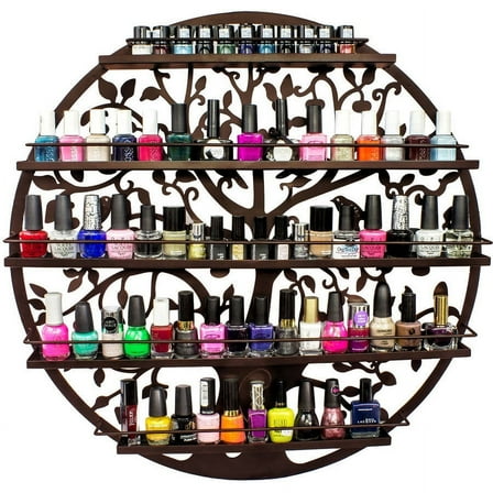 Wall Mounted 5-Tier Nail Polish Rack Holder, Tree Silhouette Round Metal Salon Wall Art Display, Bronze