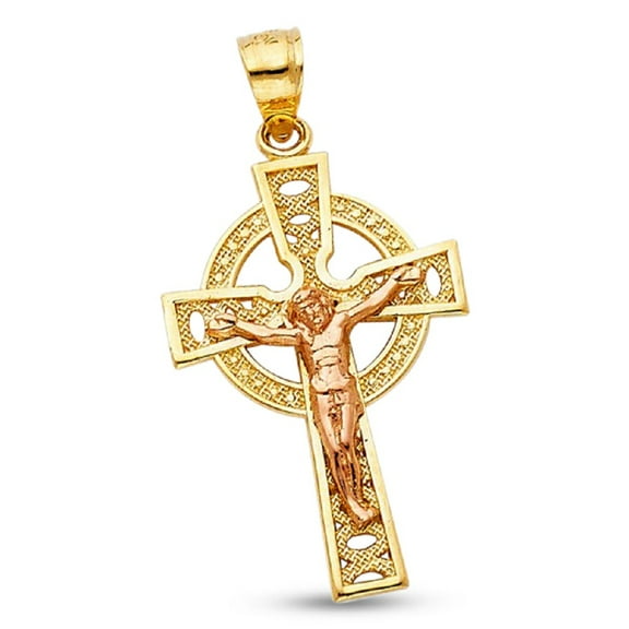 Crucifix Halo Jesus Pendant Solid 14k Gold Cross Design Religious Christ Faith Charm Christian Jewelry 27 mm x 18 mm