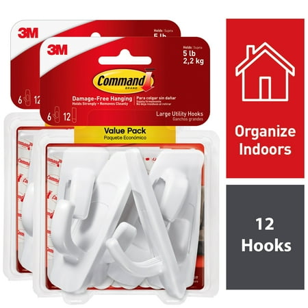Command Large Utility Hooks, White, Organize Damage-Free, 12 Hooks