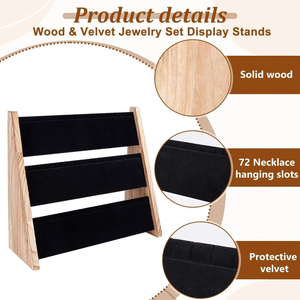 PH Necklace Jewelry Display Holder 3 Tier Wood Pendant Holder Display Stand with Black Velvet Large Capacity Necklace Organizer Stand Jewelry Display for Home or Selling Show for DIY