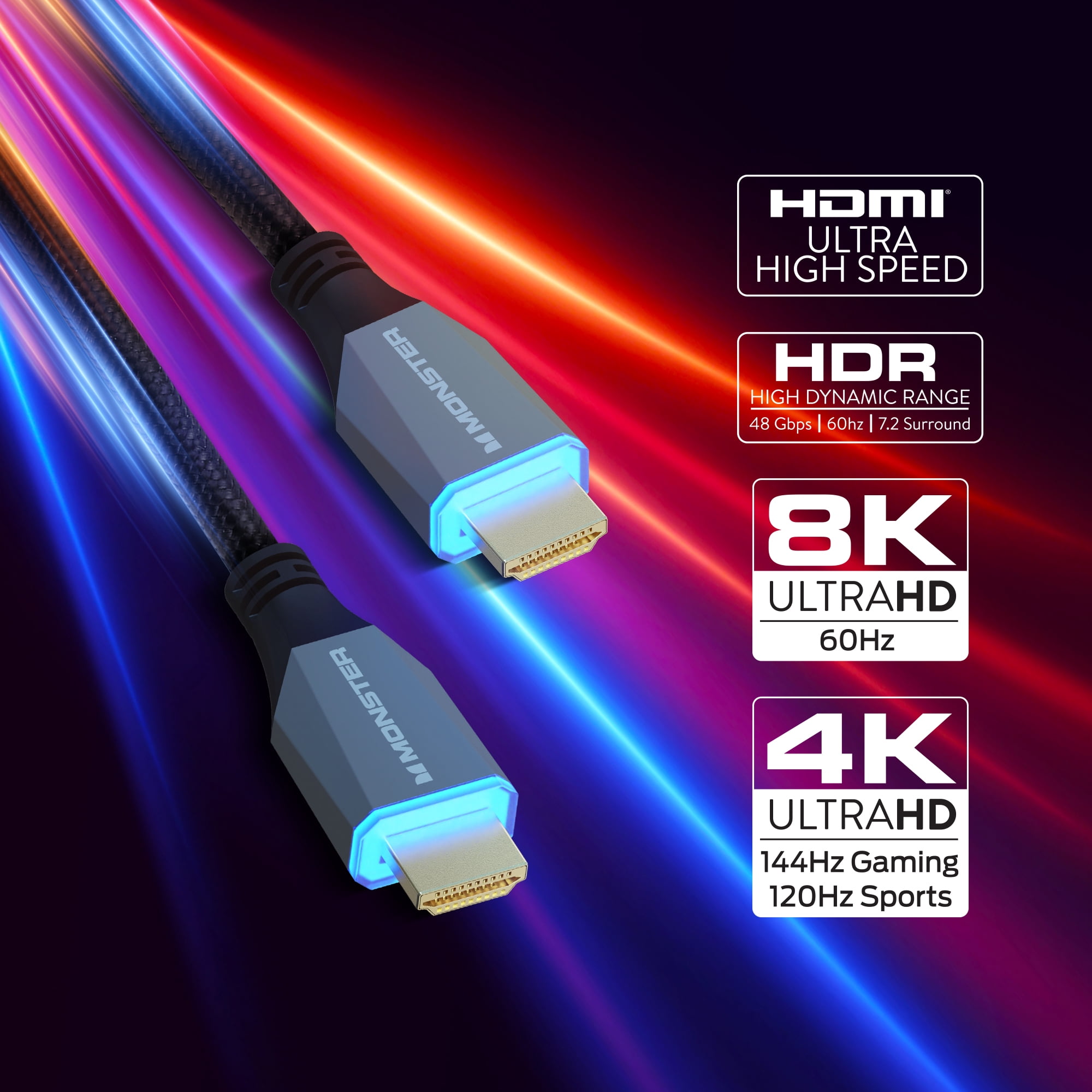 Monster 8K HDMI Cable 2 Pack 10 ft, Ultra High Speed HDMI 2.1 Cords with LED Illuminated Connectors, 48Gbps, 8K 60Hz & 4K 144Hz Gaming, HDR, Compatible with PS5, Xbox Series X, TVs, Monitors