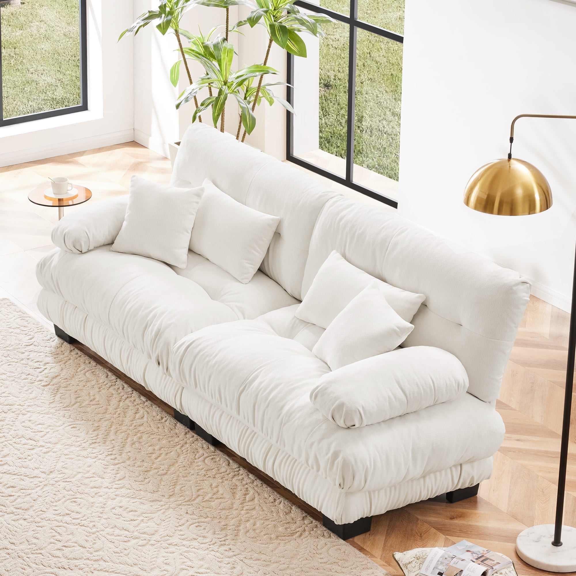 Gewnee White Chenille Cloud Couch 2 Seater Sofa for Living Room, Chenille 2 - Seat sofa with 2 Lumbar pillows and 2 throw pillows,