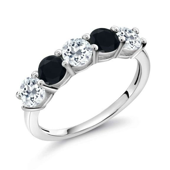 Gem Stone King 925 Sterling Silver White Topaz and Black Onyx Wedding Band Ring for Women (0.91 Cttw, Round 3.5MM, Gemstone November Birthstone, Size 6)